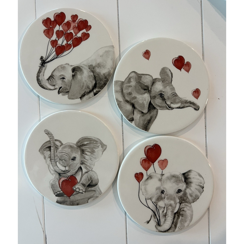 PIER 1-Elephants‎ Heart Balloons Ceramic Drink Coasters Set of 4 Animal-Love-